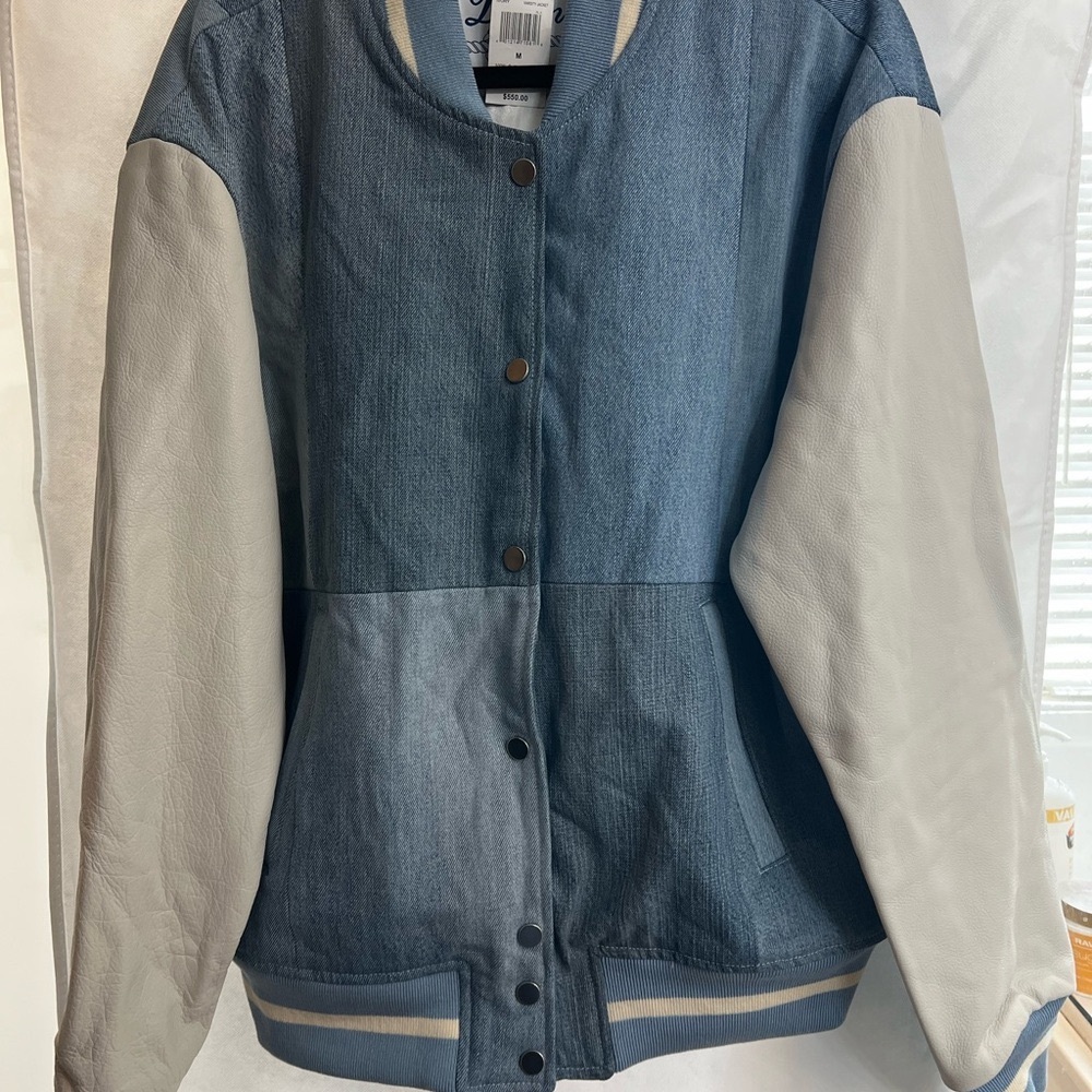 EB Denim & Leather Colorblock Varsity Jacket size M NWT